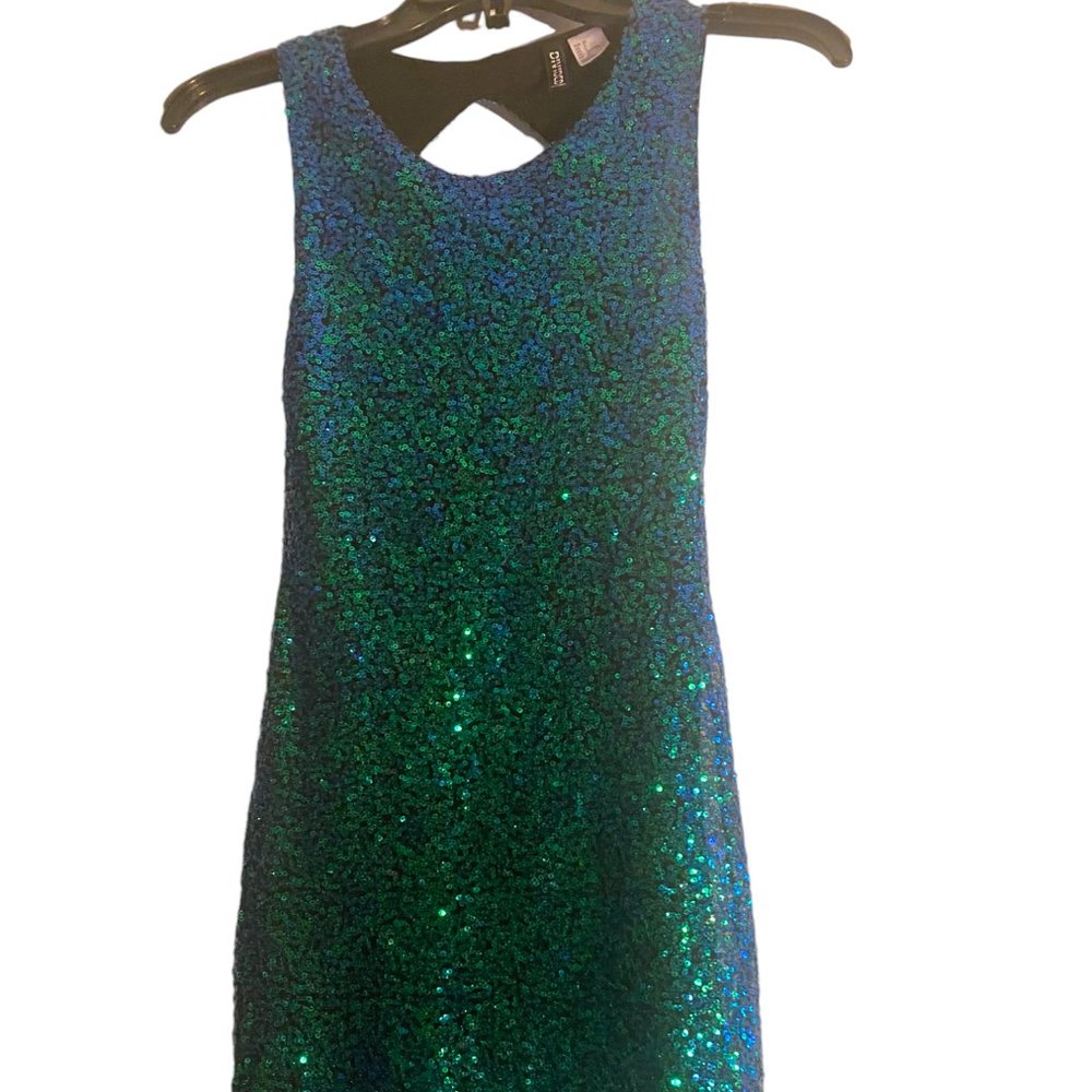 H&M Divided blue/ green metallic sequins bodycon mini Prom Party dress sz 2